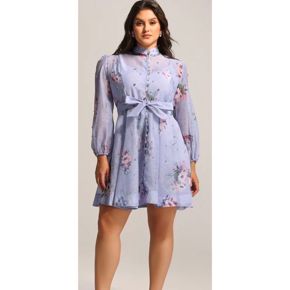 Lavender Floral Rhinestone Embellished Mini Dress Mock Neck Long Sleeve Tie